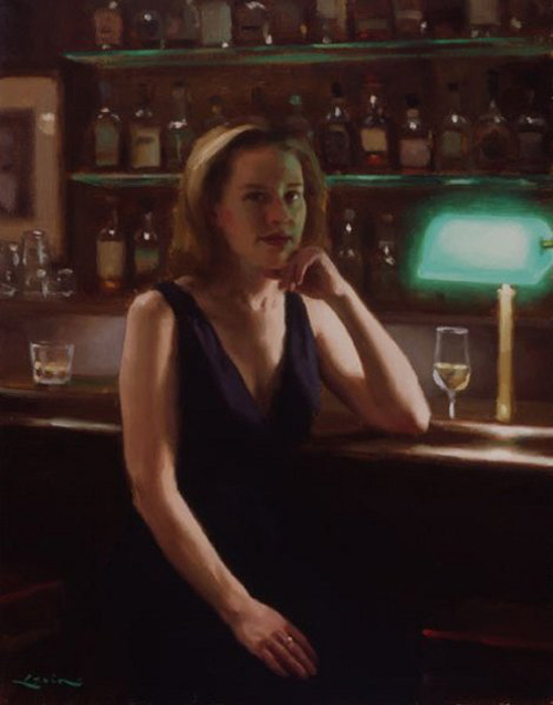 © Steven J. Levin, Waiting, oil painting, Young lady waiting at bar with glass of wine
